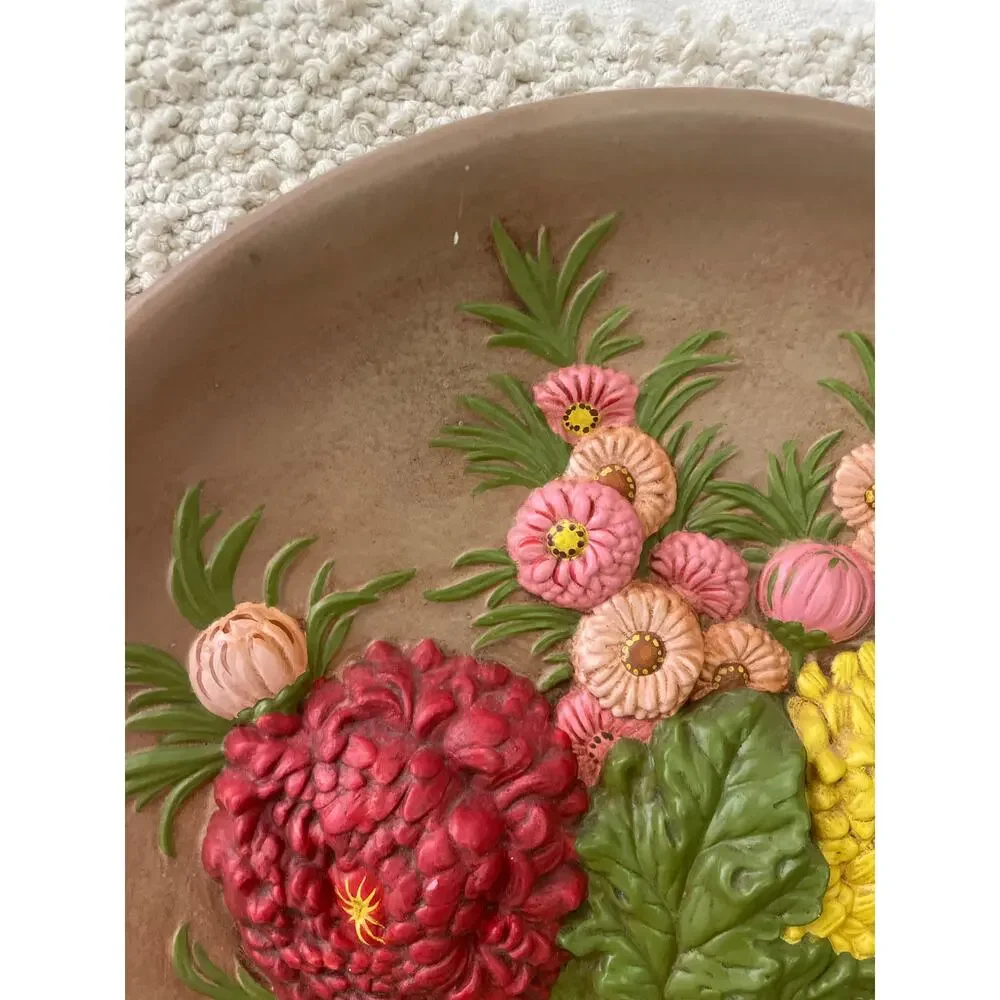 Vintage 70’s Handpainted Chalkware Floral Decorative Plate Cottagecore Farmhouse